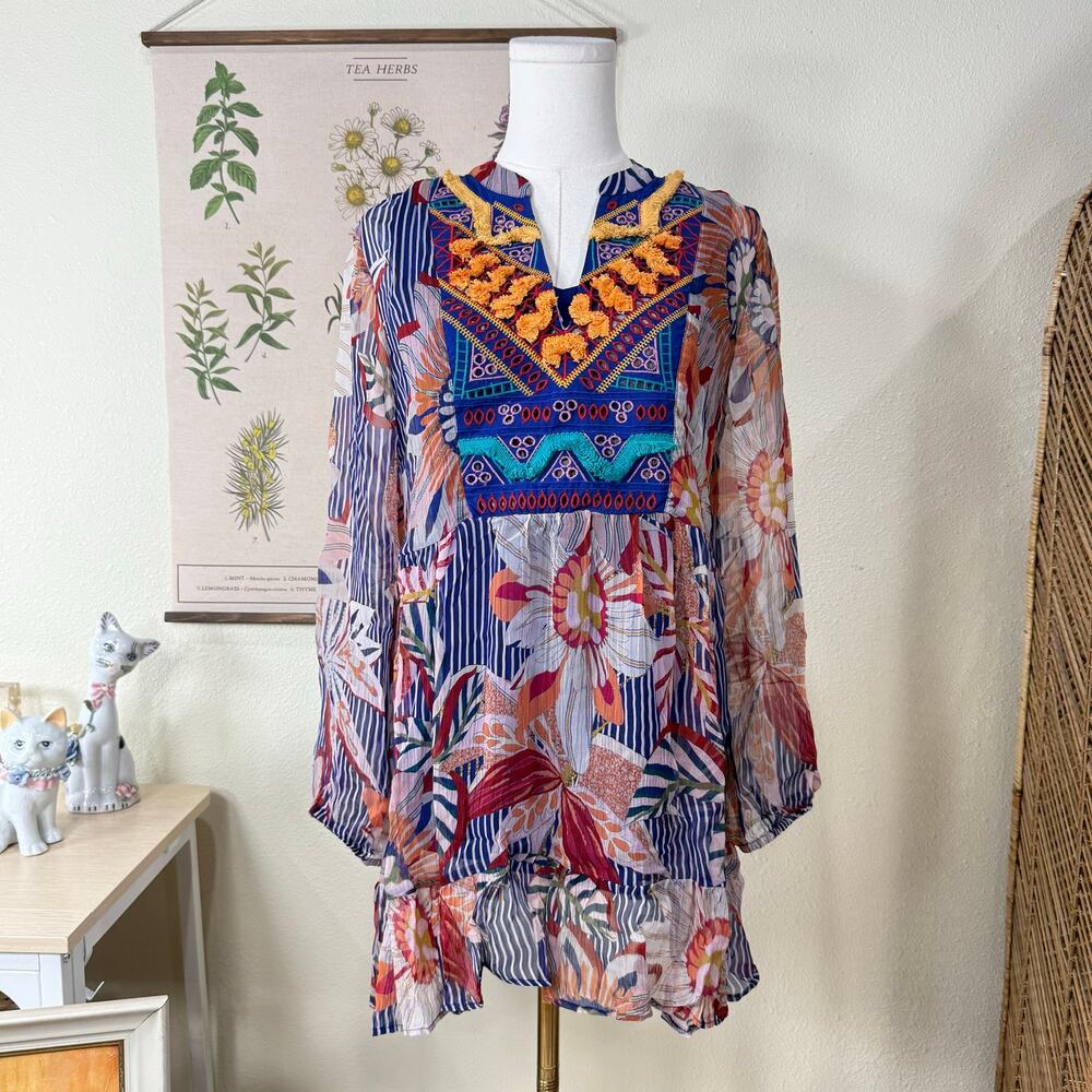 Sheer Floral Stripe Embroidered Tunic Top Boho Coastal Grandma Hippie Beachy S